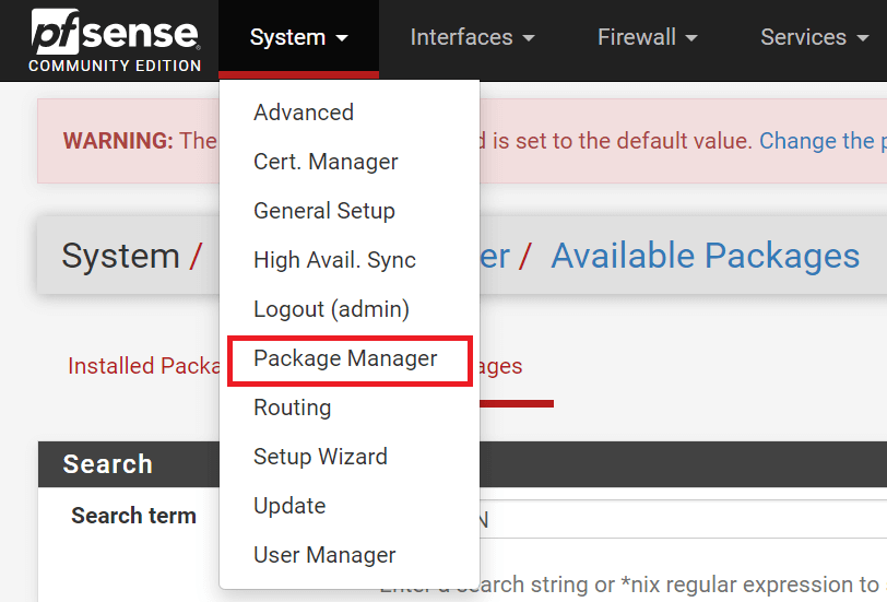 Navigating to Package Manager under System menu on pfSense Navigating to Package Manager under System menu on pfSense