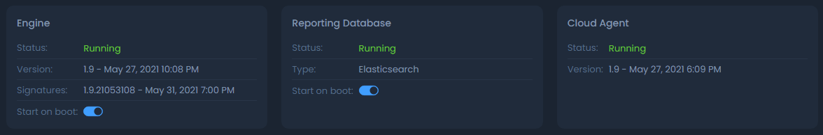 Services Status(Engine, Reporting DB, Cloud Agent) Services Status(Engine, Reporting DB, Cloud Agent)