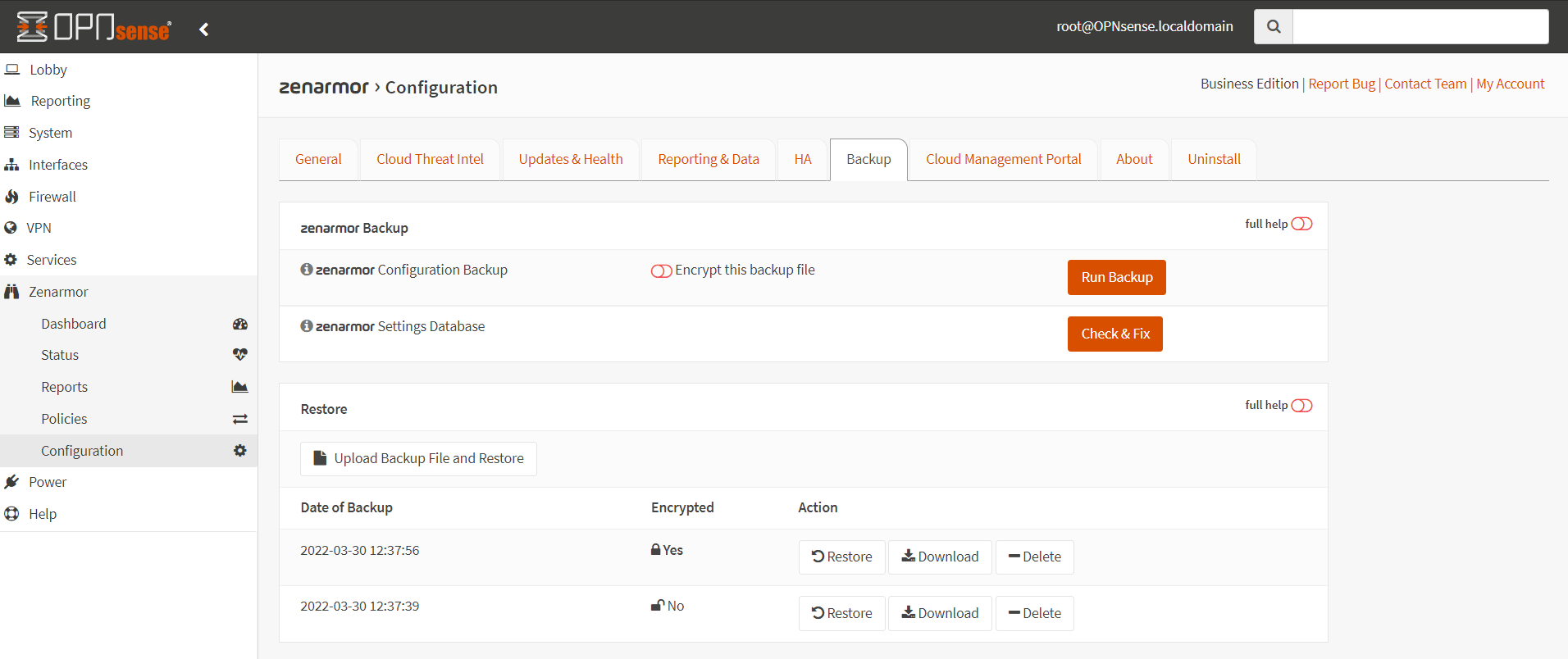 Navigating to Zenarmor→Configuration→Backup