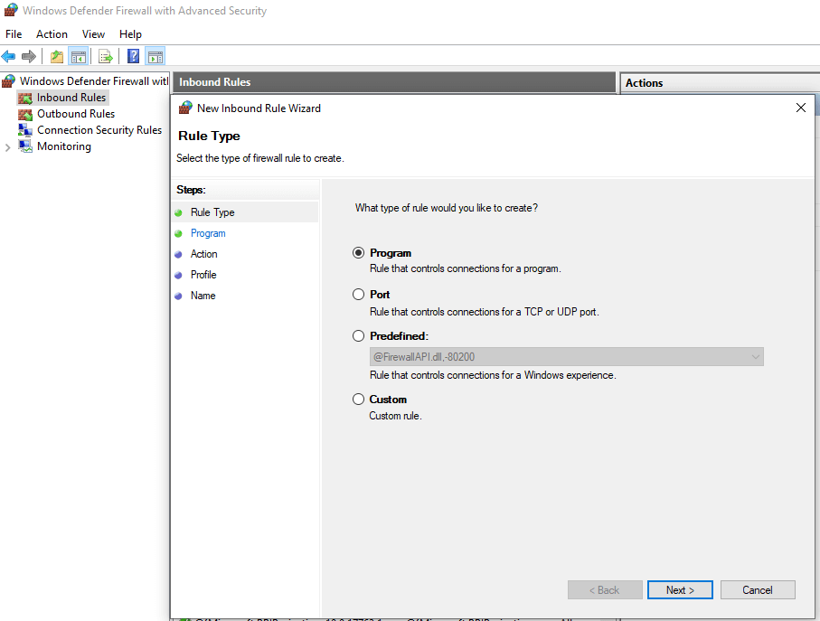 Adding Inbound Firewall Rule on Windows 10 Adding Inbound Firewall Rule on Windows 10