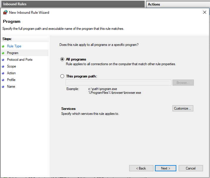 Adding Inbound Firewall Rule for All Programs on Windows 10 Adding Inbound Firewall Rule for All Programs on Windows 10
