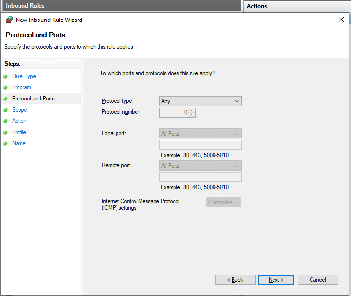 Defining Protocol and Ports for Inbound Firewall Rule on Windows 10 Defining Protocol and Ports for Inbound Firewall Rule on Windows 10