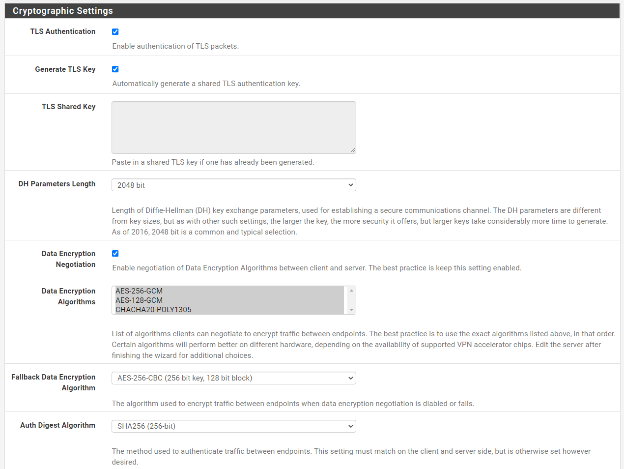 Cryptographic settings Cryptographic settings