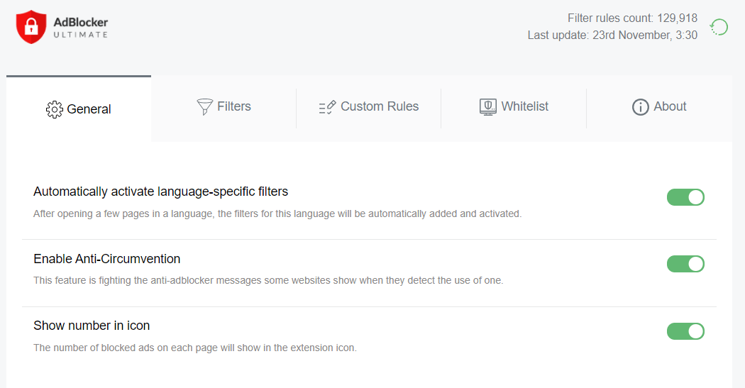 AdBlocker Ultimate General Settings AdBlocker Ultimate General Settings