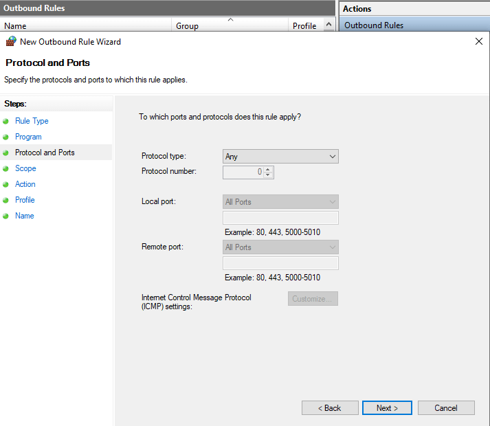Defining Protocol and Ports for Outbound Firewall Rule on Windows 10 Defining Protocol and Ports for Outbound Firewall Rule on Windows 10
