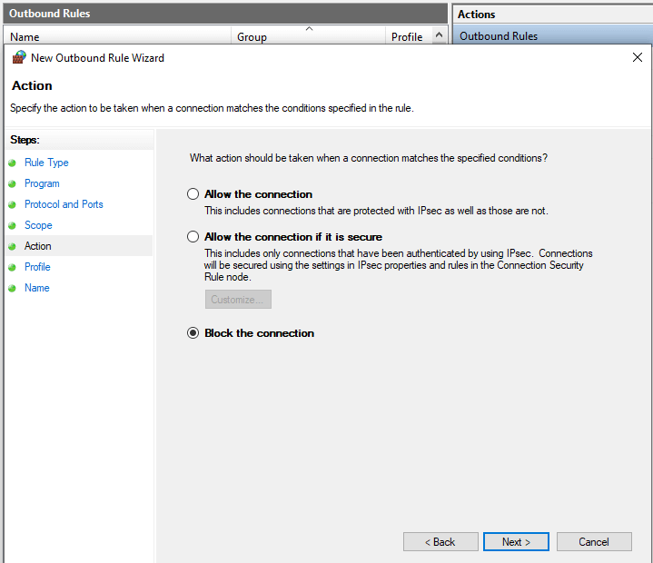 Defining Action for Outbound Firewall Rule on Windows 10 Defining Action for Outbound Firewall Rule on Windows 10