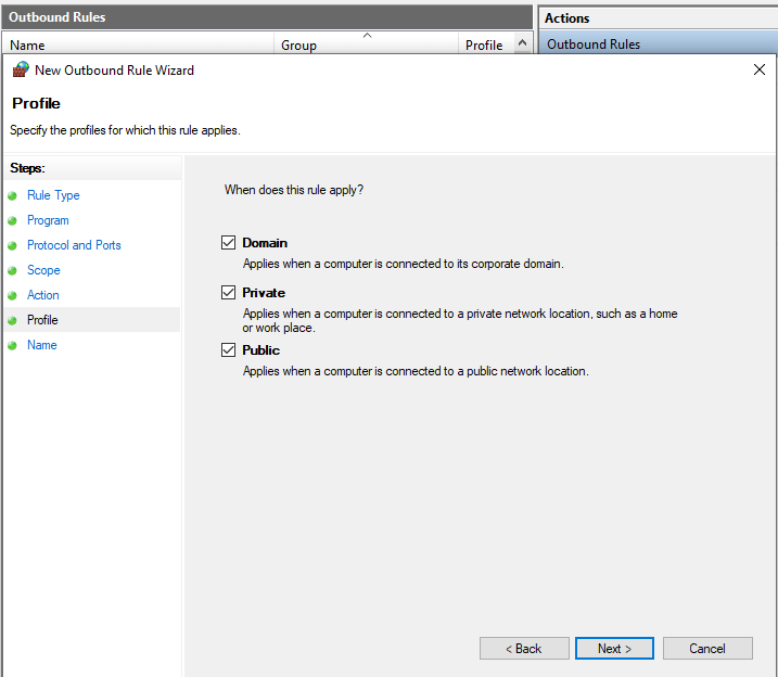 Defining Profile for Outbound Firewall Rule on Windows 10 Defining Profile for Outbound Firewall Rule on Windows 10