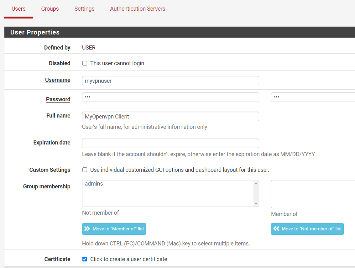 Setting local user properties on pfSense Setting local user properties on pfSense