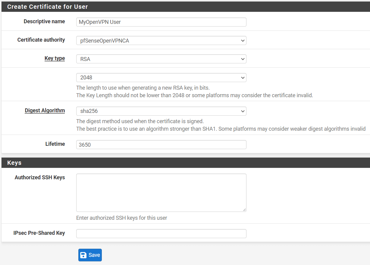 Creating certificate for OpenVPN User on pfSense Creating certificate for OpenVPN User on pfSense