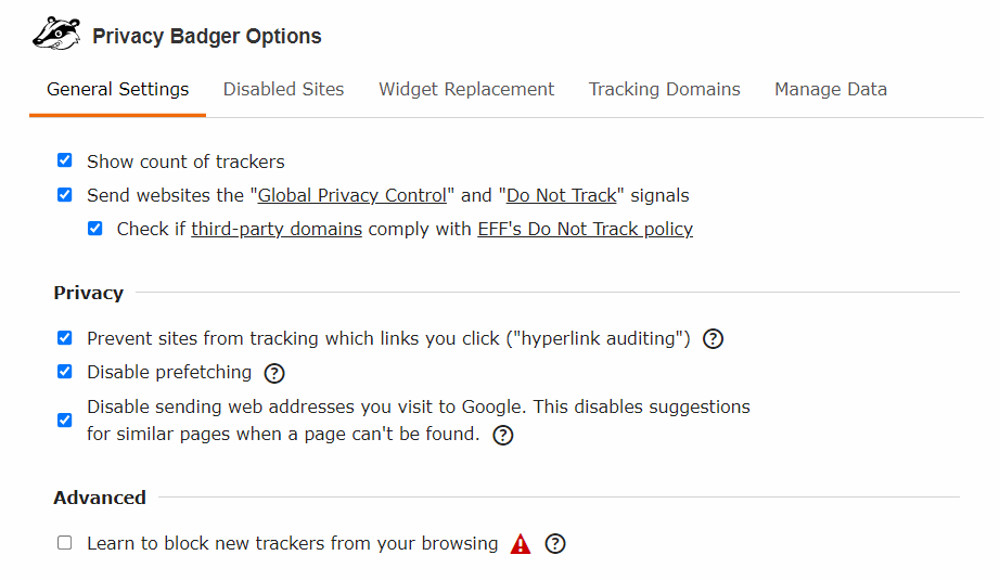 Privacy Badger General Settings Privacy Badger General Settings
