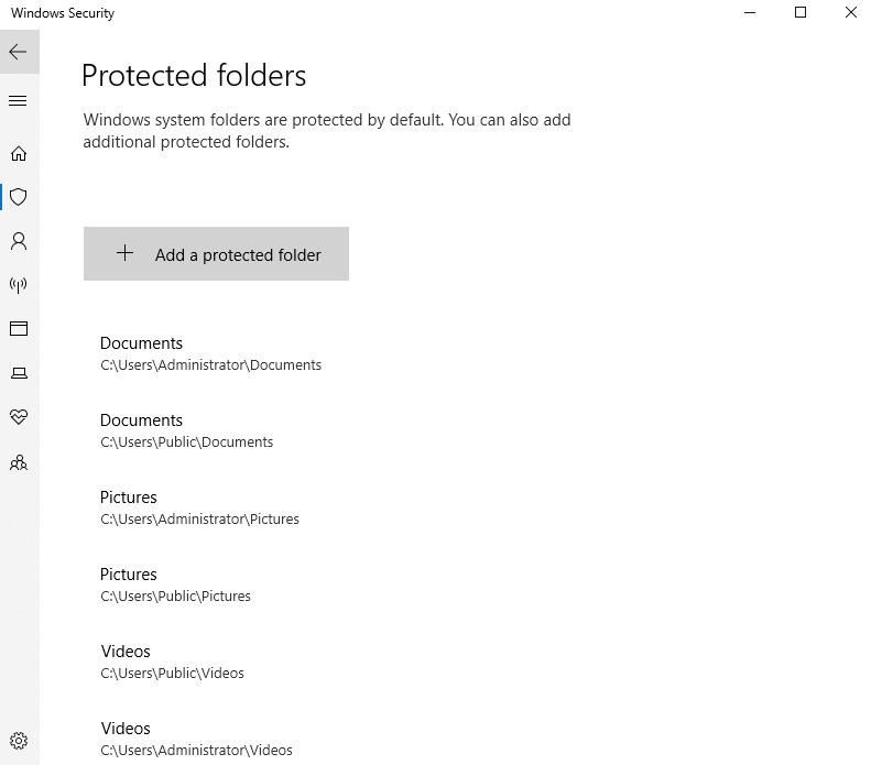 Adding a protected folder in Ransomware Protection on Windows 10