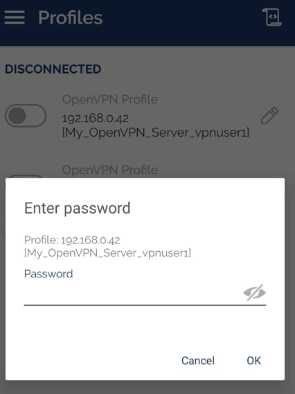 Entering VPN password for OpenVPN connection in Android device Entering VPN password for OpenVPN connection in Android device