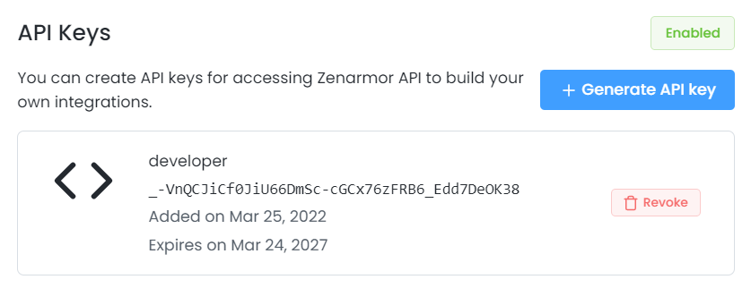 Viewing API Keys Details on Zenconsole Viewing API Keys Details on Zenconsole