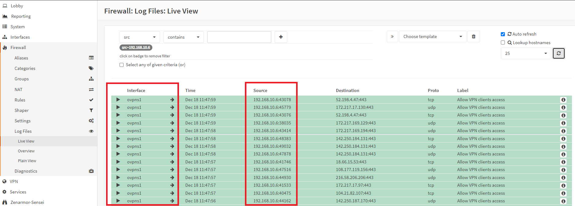 Viewing firewall logs for OpenVPN client internet traffic in OPNsense Viewing firewall logs for OpenVPN client internet traffic in OPNsense
