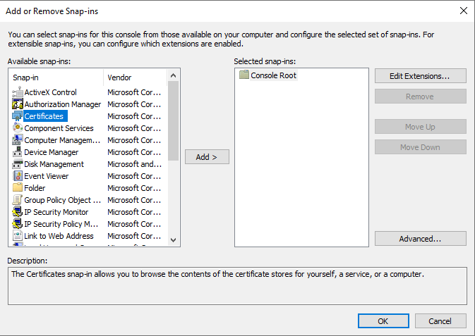 Adding Certificates snap-in Microsoft Management Control Adding Certificates snap-in Microsoft Management Control