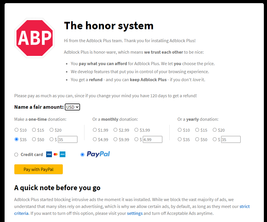 Adblock Plus Honor System page Adblock Plus Honor System page