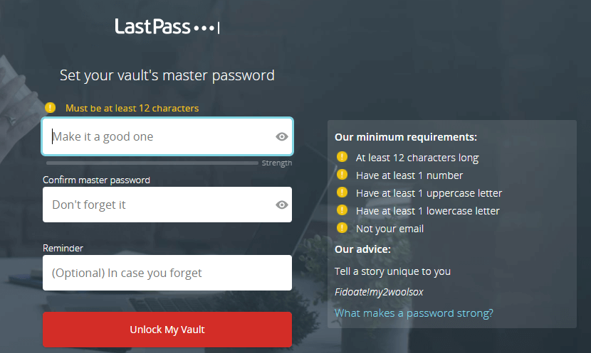 Setting LastPass master password Setting LastPass master password