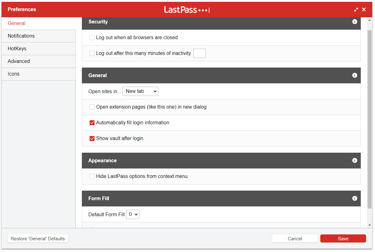 LastPass General Preferences LastPass General Preferences