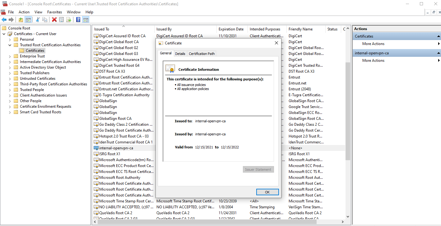 Internal pfSense CA Certificates Imported as a Trusted Root CA certificate in Windows 10 client Internal pfSense CA Certificates Imported as a Trusted Root CA certificate in Windows 10 client