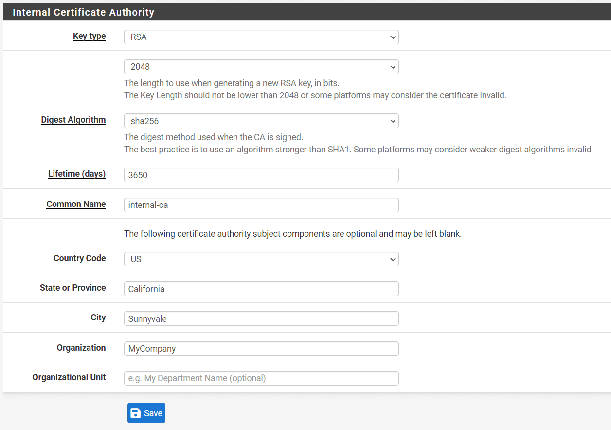 Setting Internal Certificate Authority options on pfSense Setting Internal Certificate Authority options on pfSense