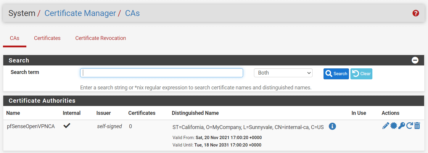 Created Certificate Authorities on pfSense Created Certificate Authorities on pfSense