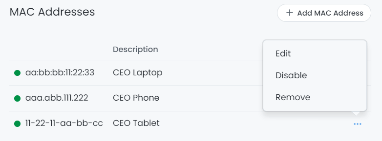Actions menu for MAC address List on policy Actions menu for MAC address List on policy