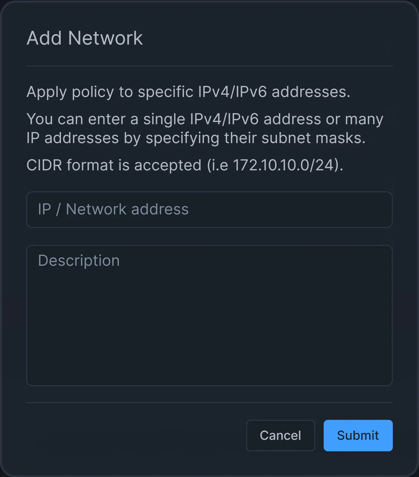 Adding an IP address to apply the policy Adding IP address to apply the policy