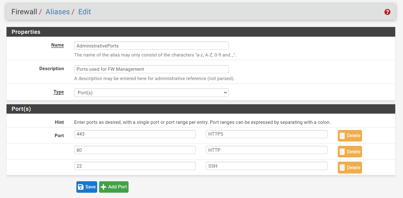 Adding Administrative Ports Aliases on pfSense Adding Administrative Ports Aliases on pfSense