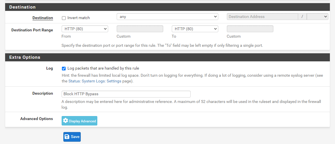 Adding Firewall Rule to block outgoing HTTP traffic on port 80 on pfSense-2 Adding Firewall Rule to block outgoing HTTP traffic on port 80 on pfSense-2