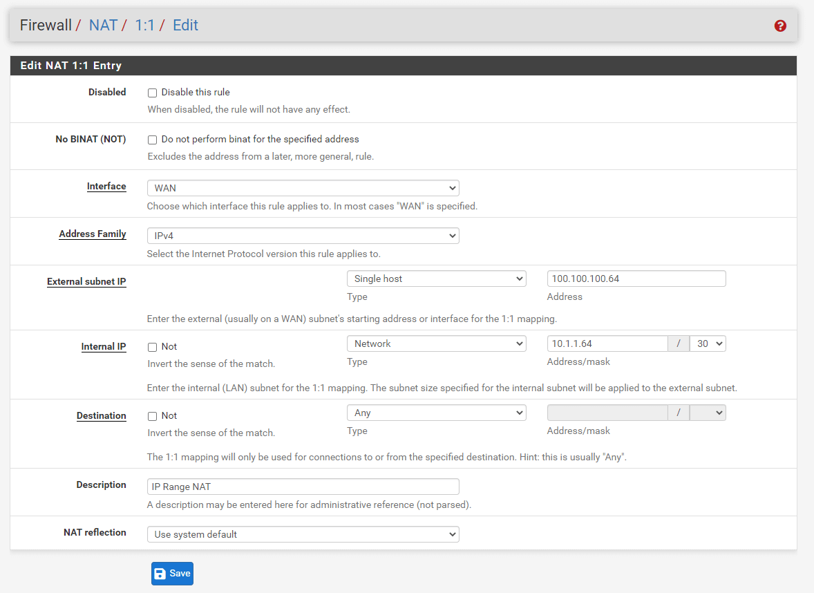 Adding IP address Range 1:1 NAT rule Adding IP address Range 1:1 NAT rule