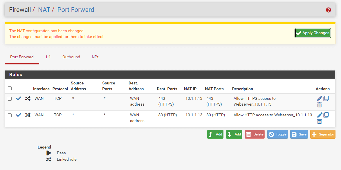 Applying changes port forwarding rule for HTTP Applying changes port forwarding rule for HTTP