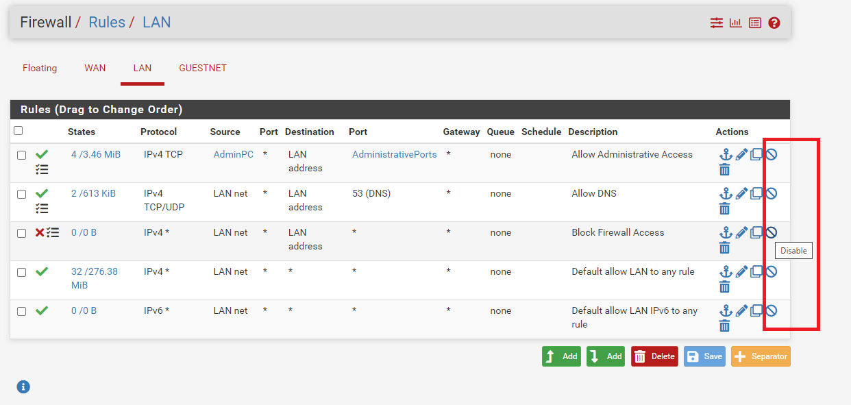 Disabling firewall rule Disabling firewall rule