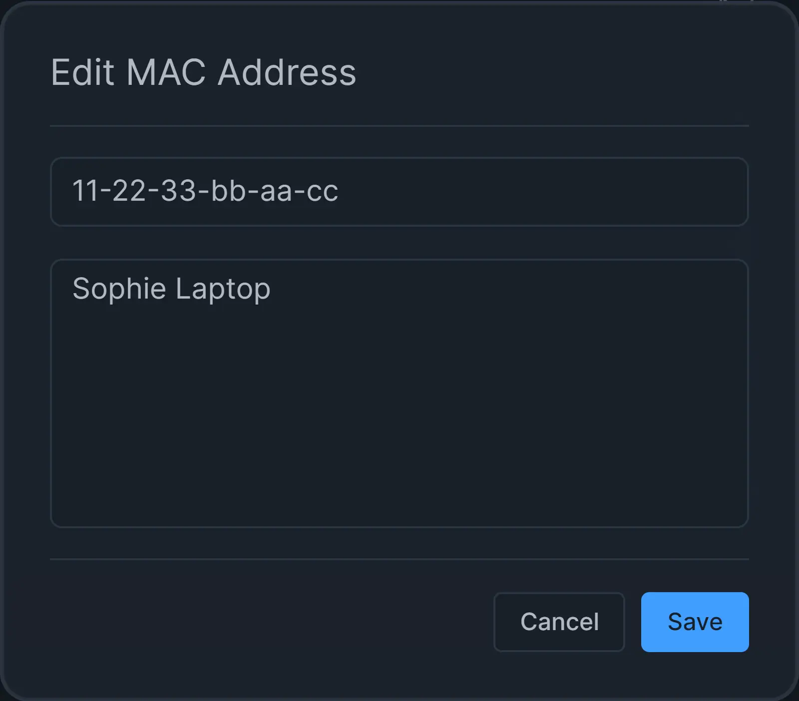 Editing a MAC address to the policy Editing MAC Address on Policy Configuration