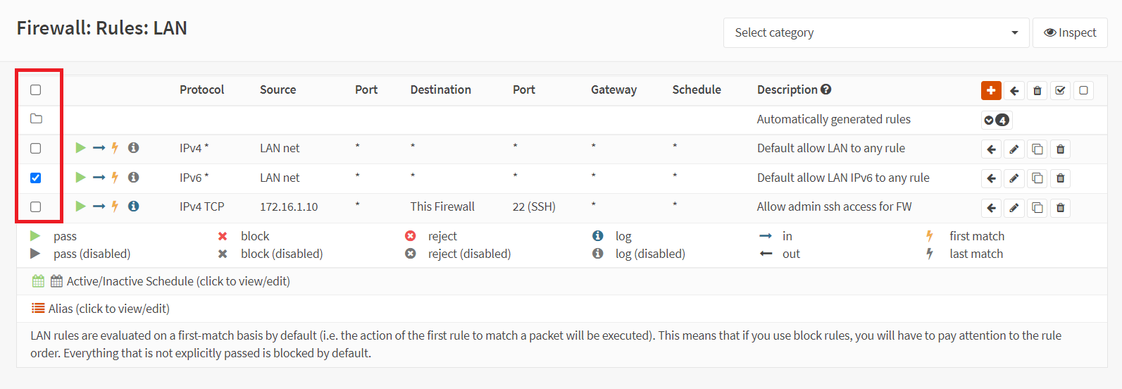 Selecting firewall rules on OPNsense firewall Selecting firewall rules on OPNsense firewall