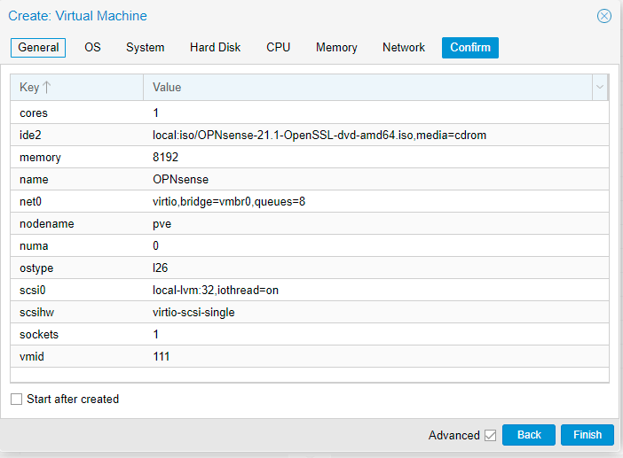 Confirming the OPNsense virtual machine configuration