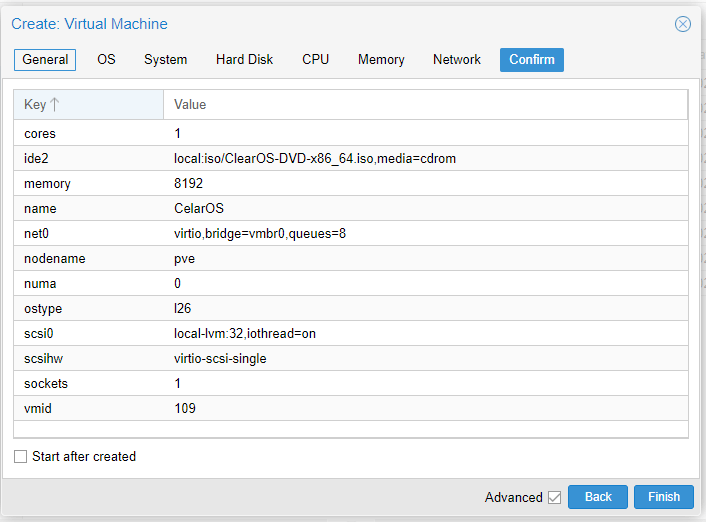 Confirming the ClearOS virtual machine configuration Confirming the ClearOS virtual machine configuration