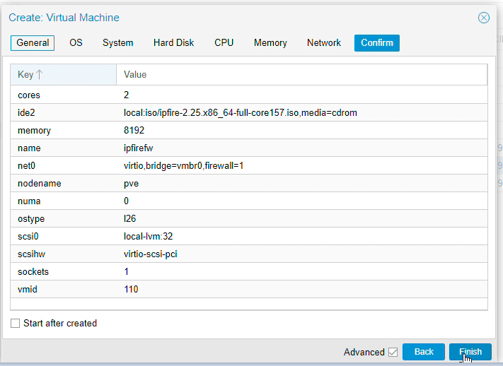 Confirming the IPFire virtual machine configuration Confirming the IPFire virtual machine configuration