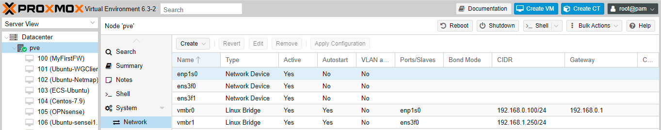 Viewing the network devices of the Proxmox VE