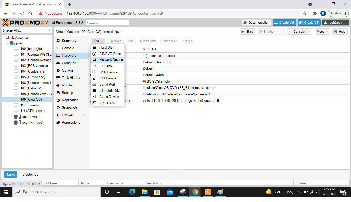 Adding NIC to ClearOS VM on Proxmox VE