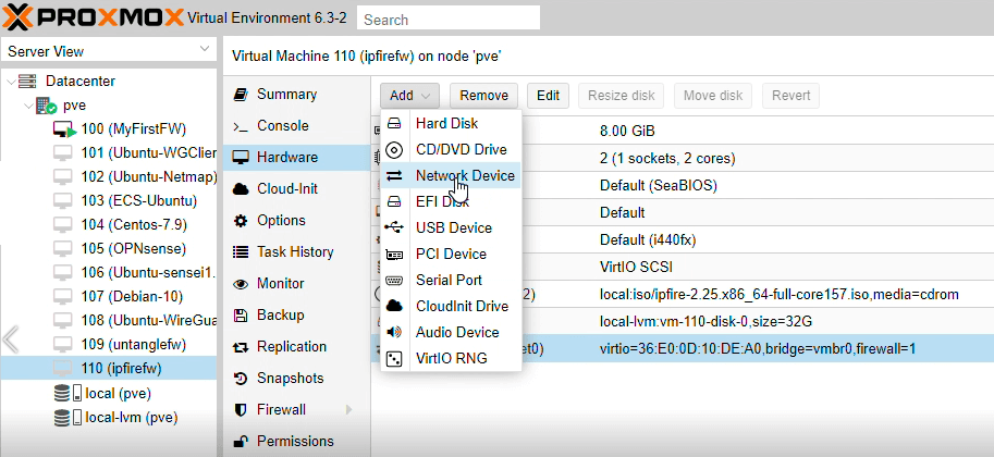 Adding a network device to IPFire VM on Proxmox