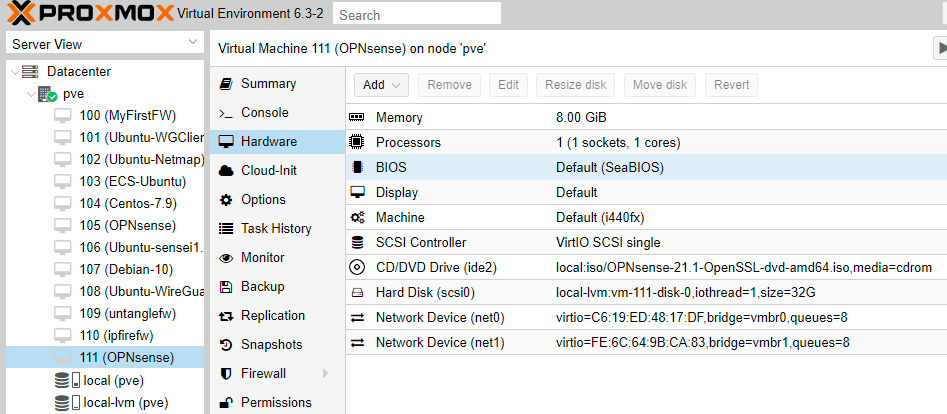 Hardware configuration of the OPNsense VM on Proxmox VE Hardware configuration of the OPNsense VM on Proxmox VE