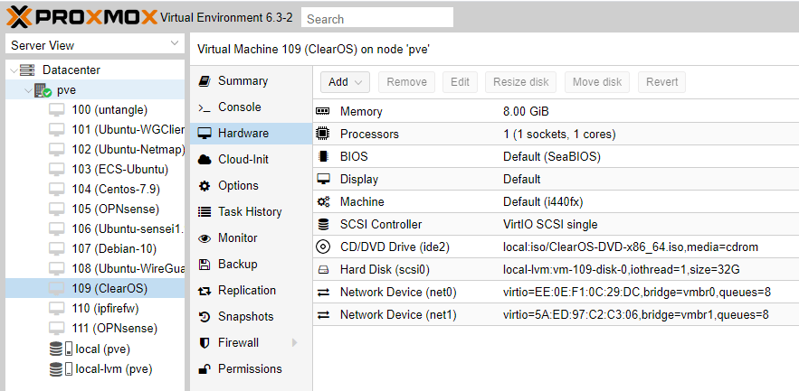 Hardware configuration of the ClearOS VM on Proxmox VE Hardware configuration of the ClearOS VM on Proxmox VE