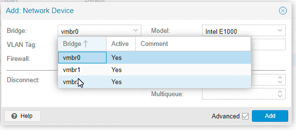 Selecting Linux bridge of a network device for IPFire VM on Proxmox Selecting Linux bridge of a network device for IPFire VM on Proxmox