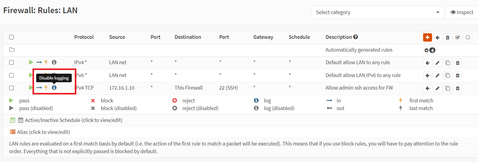 Disabling logging for a firewall rule Disabling logging for a firewall rule