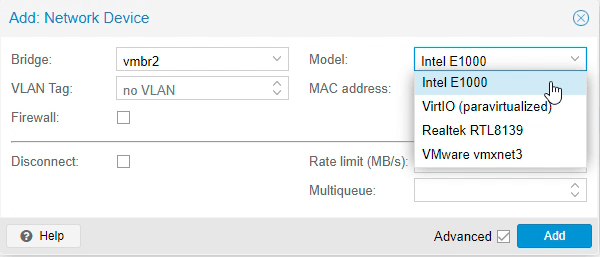 Selecting model of a network device for IPFire VM on Proxmox Selecting model of a network device for IPFire VM on Proxmox