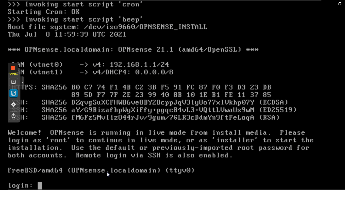 OPNsense installation login prompt OPNsense installation login prompt