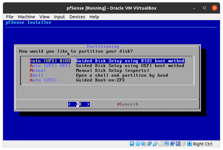 Partitioning Selection for pfSense® software vm on Virtual Box