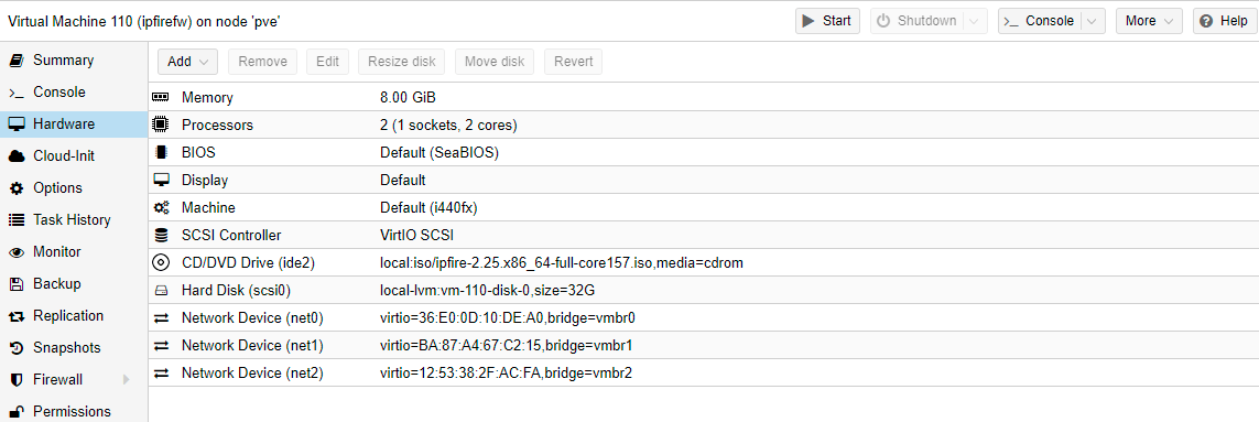Viewing hardware device configuration of IPFire VM on Proxmox