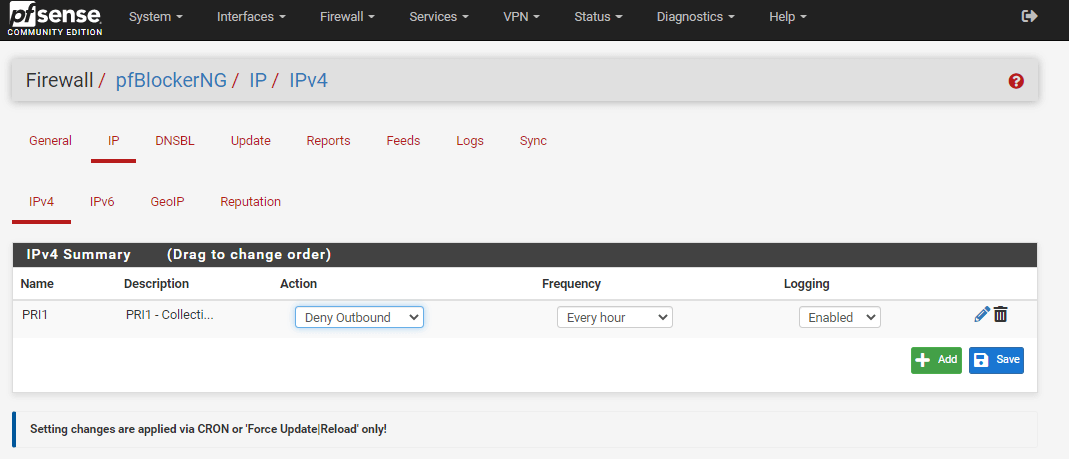 Enabled IPv4 feed on pfBlockerNG Enabled IPv4 feed on pfBlockerNG