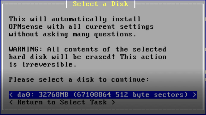Selecting disk to install OPNsense Selecting disk to install OPNsense